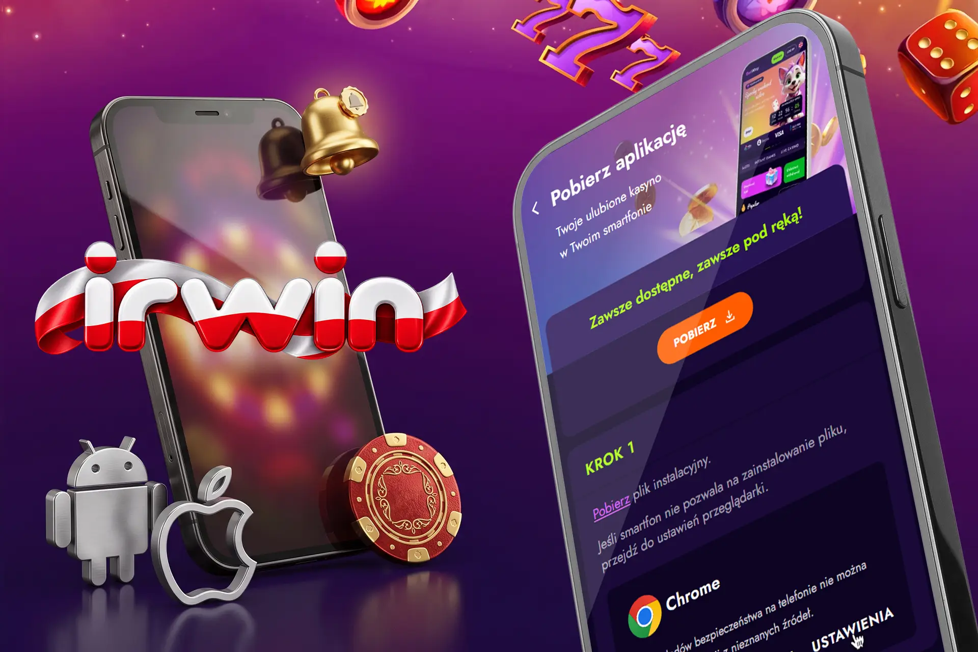 Proces pobierania aplikacji mobilnej Irwin Casino na telefon z ikonami systemów iOS i Android